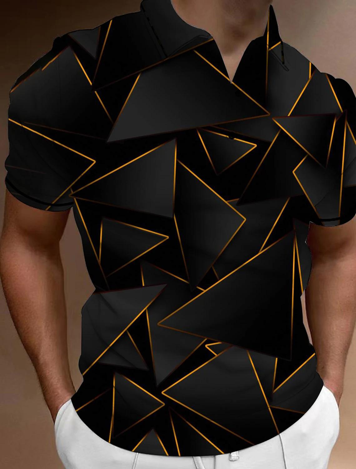 남성용 기하학적 라인 단추 폴로 셔츠, 3D 프린트 캐주얼 반팔 티, O-넥 루즈 풀오버 상의, 패션 스트리트웨어, 여름
